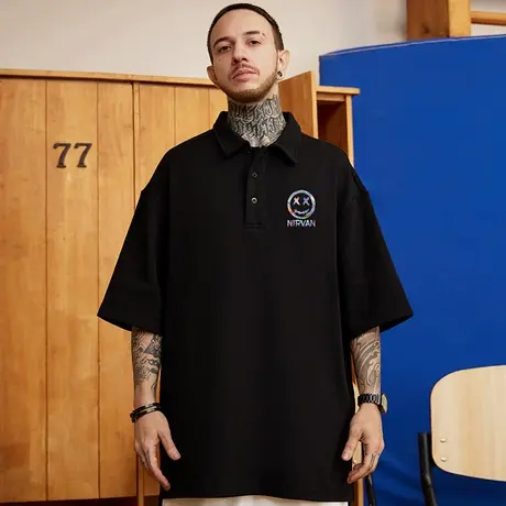 2025新款polo衫t恤胖子男ins小恶魔短袖潮牌宽松nasa大码五分袖夏商品大图