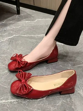平底单鞋女2023春秋新款百搭蝴蝶结方头晚晚风温柔豆豆鞋浅口瓢鞋商品大图