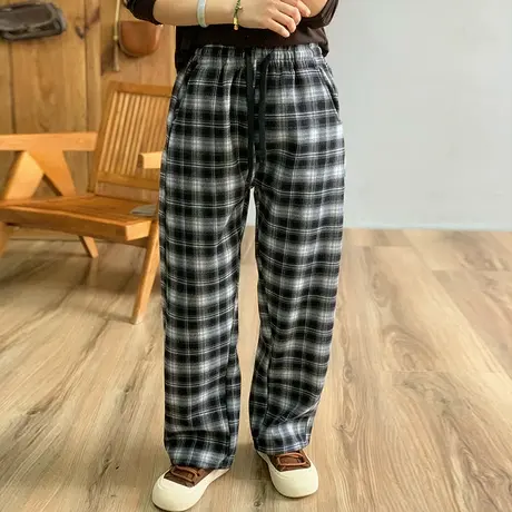 dza 高腰显瘦奥粒绒香蕉裤秋冬外穿加厚长裤宽松直筒加绒格子裤女图片