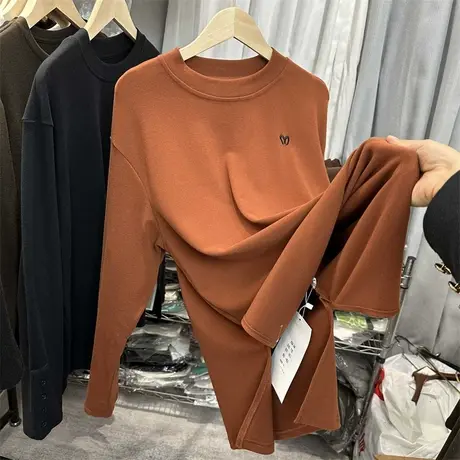 好品芭比裤加绒加厚秋冬长款t恤女圆领中长款打底衫遮屁股长t卫衣图片
