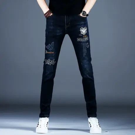 秋冬季男士新款印花牛仔裤男款潮牌刺绣印花美式小脚修身裤子百搭商品大图