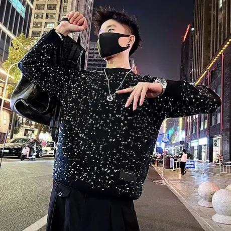 冬季套头毛衣男时尚韩版修身小众设计感满天星提花加厚打底针织衫图片