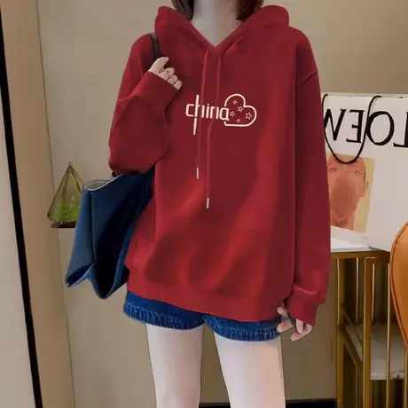 港风复古酒红色连帽百搭卫衣女秋冬2024新款oversize小个子上衣潮商品大图