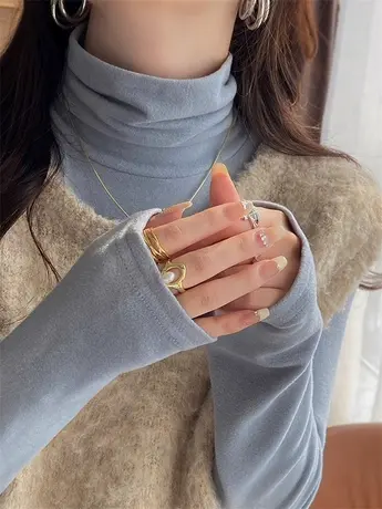 蓝色高领德绒打底衫女秋冬堆堆领纯色内搭长袖磨毛加绒加厚上衣潮商品大图