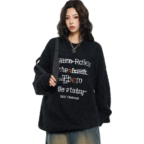 nuthink美式潮牌圆领冬季毛衣男女同款冬线衣保暖潮流提花针织衫商品大图