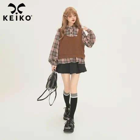 KEIKO 少年感粉色格子假两件衬衫女2024春季减龄宽松别致小众上衣图片