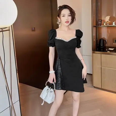 生日宴会名媛小礼服连衣裙赫本风轻奢高级感气质修身拼接小黑裙女商品大图
