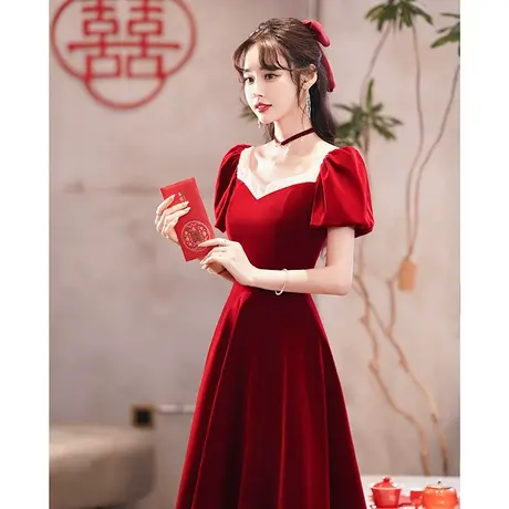 法式公主红色礼服女订婚连衣裙结婚敬酒服新娘高级感小个子中长款商品大图