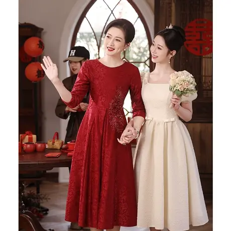 年轻妈妈晚礼服婚宴装小个子秋冬新款年轻喜婆婆婚礼喜服洋气优雅商品大图