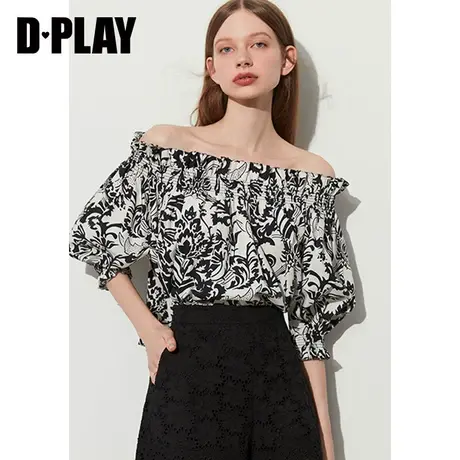 DPLAY夏新休闲度假风黑白剪影泡泡袖一字肩两穿印花上衣小衫图片
