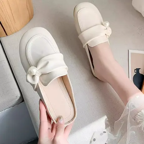 包头半拖鞋女外穿2024春夏季新款珍珠平底孕妇懒人无后跟穆勒凉拖商品大图