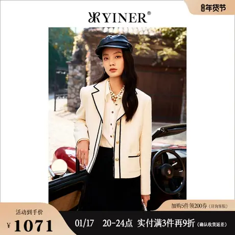 YINER音儿女装2022春季撞色西装领羊毛呢短外套商品大图