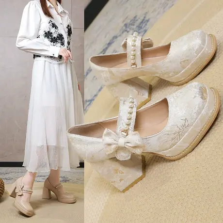 配裙子玛丽珍鞋女鞋2024春季新款粗跟超高跟鞋气质晚晚鞋单鞋子女图片