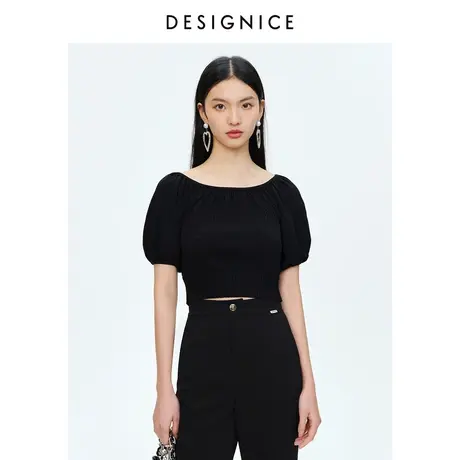 迪赛尼斯夏装新款黑色一字领薄款通勤泡泡袖短款针织衫女图片