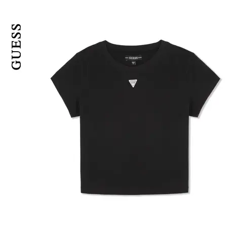 【38上新季】GUESS24年新款春季女士金属logo百搭纯黑经典圆领T恤图片