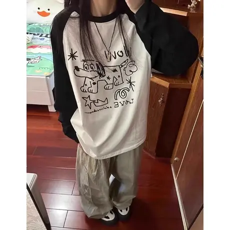 纯棉拼色插肩长袖t恤女秋季内搭宽松韩版小众设计感打底衫上衣ins商品大图