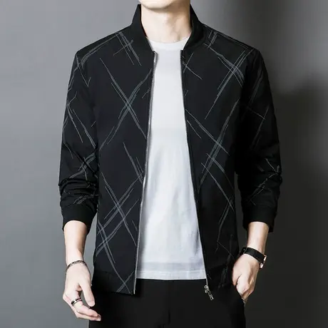 2022新款春秋男士夹克外套立领休闲大码中青年外套爸爸装黑色上衣商品大图