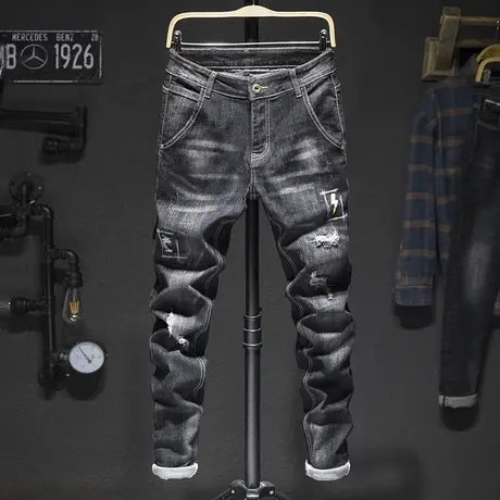 韩版潮流修身小脚牛仔裤男春秋新款青少年弹力舒适简约牛仔长裤男图片