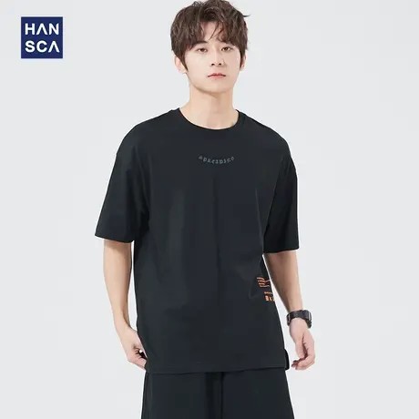 汉斯卡 短袖t恤男纯棉夏季新款圆领宽松潮流青少年运动大码打底衫商品大图