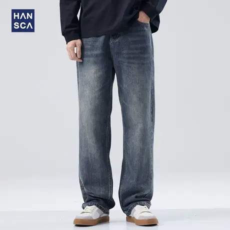 hansca牛仔裤男潮牌秋季美式高街复古水洗直筒宽松休闲大码阔腿裤商品大图