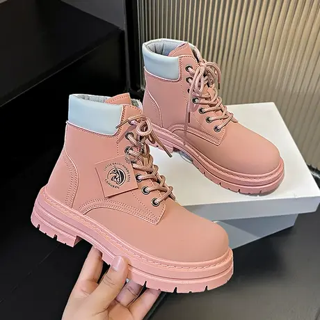 厚底马丁靴女2024新款春季英伦风工装短靴子粉色高帮中筒炸街爆款图片