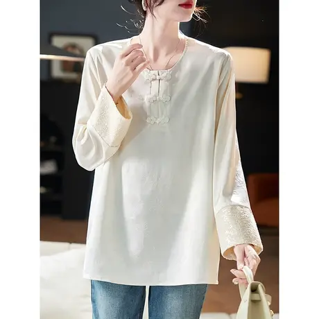 宝诗黎新中式盘扣提花雪纺衫2024春季高级感钉珠气质休闲上衣女商品大图