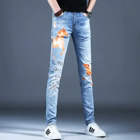 2024新款高端潮牌印花牛仔裤男款小脚修身裤子潮流男士春秋款弹力商品大图