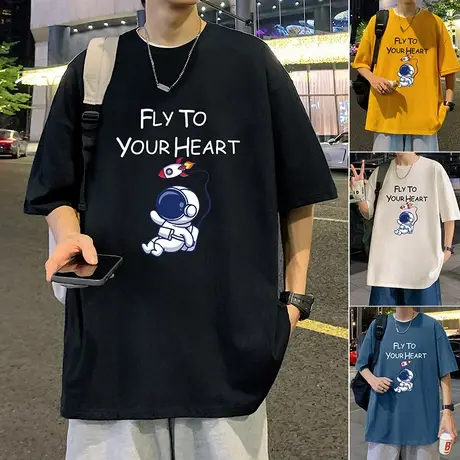 宇航员印花短袖T恤男夏季新款潮牌纯棉重磅情侣宽松半袖上衣体恤商品大图