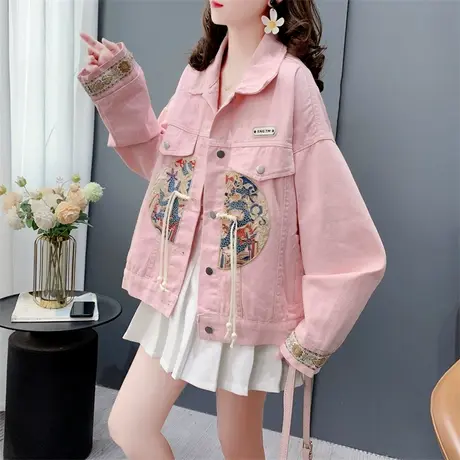 国风刺绣盘扣中式牛仔外套女春季2024年新款宽松国潮洋气夹克上衣商品大图