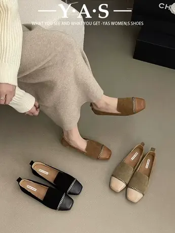 复古拼接方头一脚蹬舒适软底乐福鞋女鞋子百搭不累脚豆豆鞋单鞋女商品大图