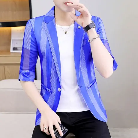 夏季薄款镂空西服男士潮流防晒衣外套上衣发型师七分袖帅气小西装商品大图
