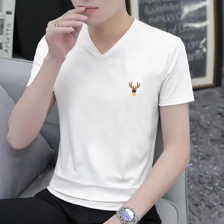 莫代尔短袖t恤男装2023新款夏季V领上衣服冰丝速干白色半袖体恤衫商品大图