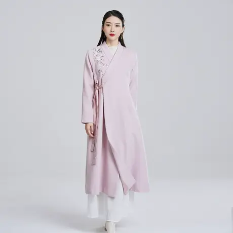 素飞春季新款呢大衣改良汉服女交领系带绣花加厚呢外套禅意茶人服商品大图