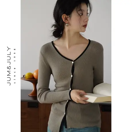嘉茱莉2023秋季新款撞色包边针织衫女薄款V领针织开衫上衣薄款图片
