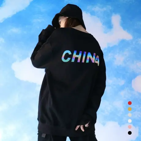 china中国风印花卫衣女男情侣装秋冬ins潮牌反光黑色圆领班服定制图片