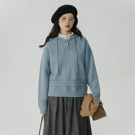 omont蛋挞家 蓝色连帽绞花毛衣女冬季宽松打底针织卫衣毛衫上衣商品大图