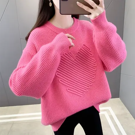 圆领毛衣女加厚打底衫2023秋冬新款套头宽松针织衫内搭灯笼袖上衣商品大图