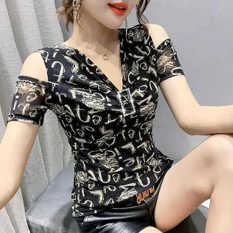 性感露肩V领T恤女短袖夏个性印花上衣洋气修身网纱小衫半袖丅恤潮商品大图