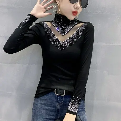 性感镂空T恤女秋冬加绒高领打底衫内搭修身长袖网纱拼接心机上衣商品大图