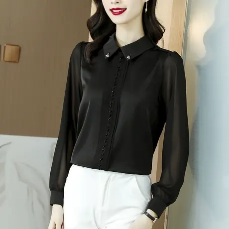 黑色雪纺衬衫女士秋季2023新款娃娃领上衣热辣潮搭独特别致设计感商品大图
