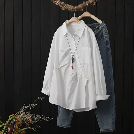 设计感小众斜门襟褶皱长袖衬衫女秋季新品纯色宽松不规则全棉衬衣商品大图