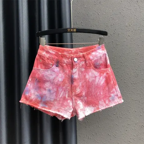 扎染牛仔短裤女2023夏季新款百搭减龄时尚高腰显瘦毛边阔腿裤热裤商品大图