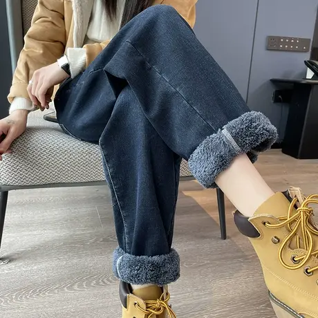 老爹牛仔裤女2023年春秋新款高腰直筒宽松显瘦百搭蓝色哈伦裤图片