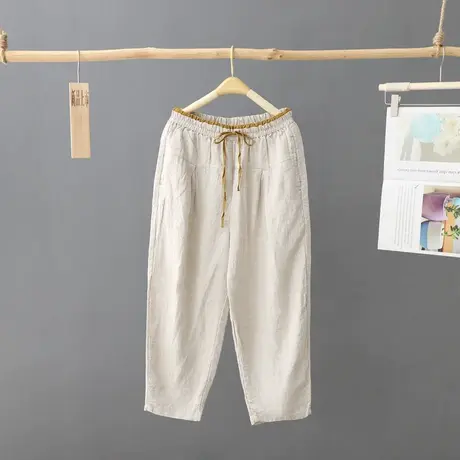 夏季新款文艺范松紧腰棉麻七分裤休闲裤女纯色苎麻宽松哈伦九分裤图片