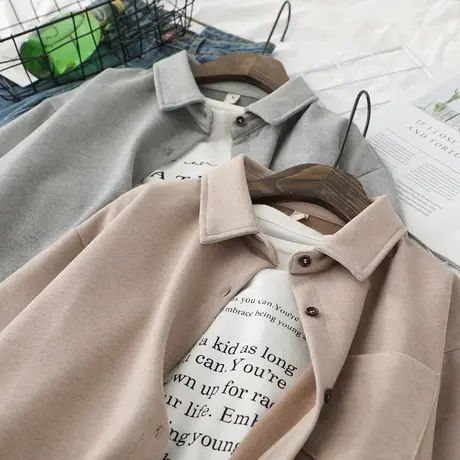 简约呢子加厚纯色衬衫女秋冬装新款宽松韩版复古港味百搭上衣外套图片