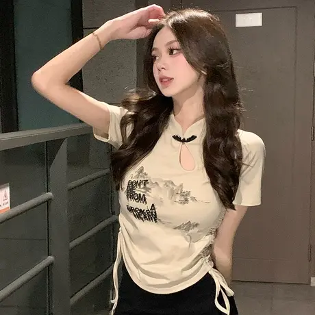 甜辣妹复古短袖t恤女夏季修身显瘦气质新中式旗袍国风短款上衣潮图片