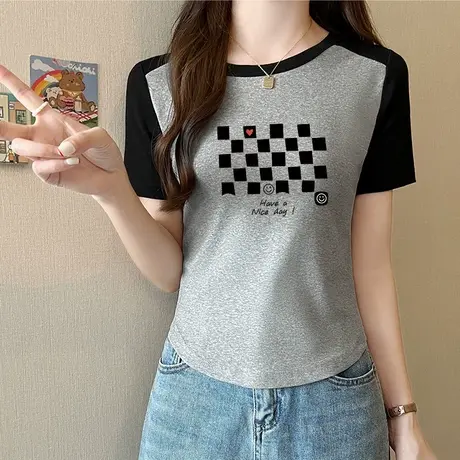 撞色不规则t恤2023新款时尚潮流女装修身短款设计感小众拼接上衣图片