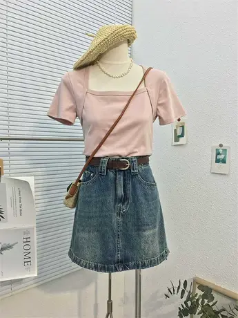 夏装新款方领短袖正肩T恤女2023纯欲风短款高腰显瘦百搭体恤上衣商品大图