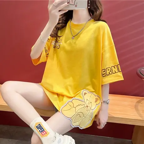 设计感小众短袖t恤女夏季韩版宽松大码女装中长款下衣失踪上衣服图片