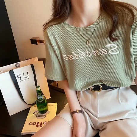 华夫格字母刺绣圆领半袖T恤女夏装宽松显瘦复古chic港味短袖上衣商品大图